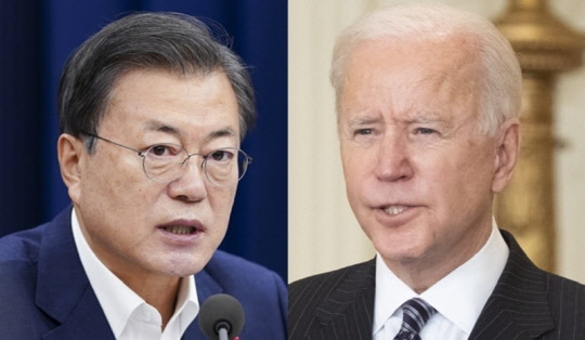 문재인 전 대통령과 조 바이든 미국 대통령.<연합뉴스 자료사진, 워싱턴 EPA/연합뉴스>